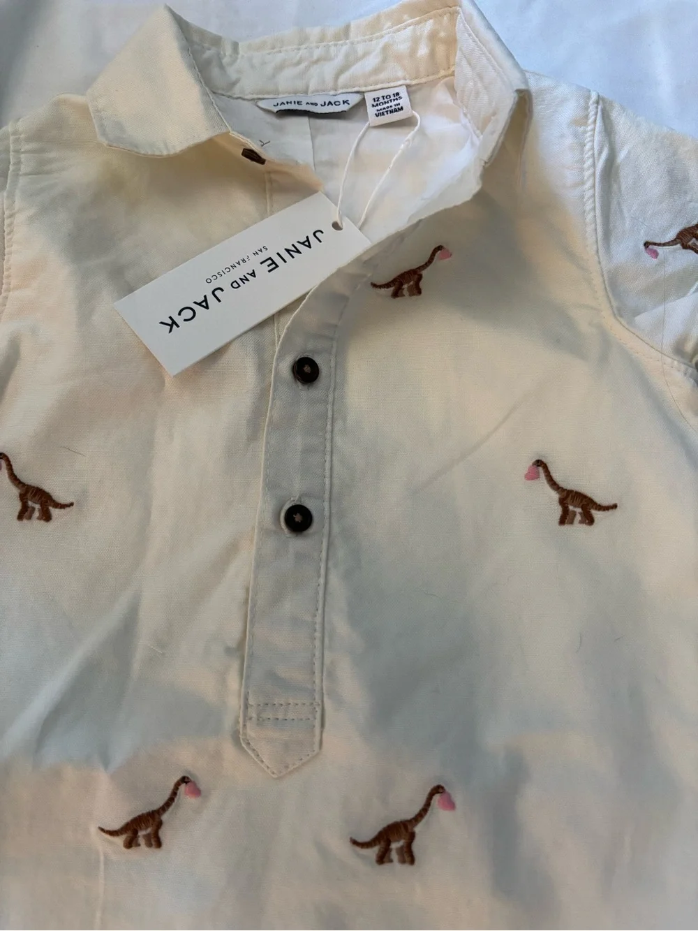 Janie and Jack Cream Dino Embroidered Polo Romper - Unisex Kids